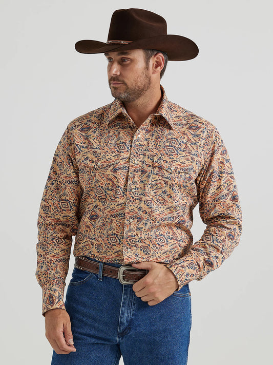 CAMISA DE MANGA LARGA CON ESTAMPADO DE BROCHE TIPO WESTERN CHECOTAH® PARA HOMBRE EN NARANJA FIESTA