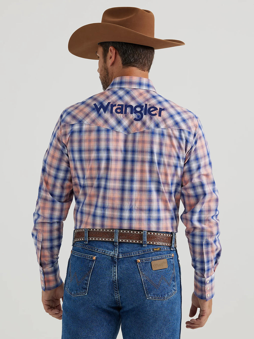 CAMISA DE MANGA LARGA CON BROCHE AL OESTE Y LOGO WRANGLER® PARA HOMBRE EN CUADROS AZUL NARANJA