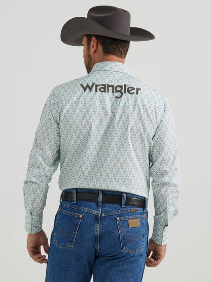 MEN'S WRANGLER® LOGO LONG SLEEVE WESTERN SNAP SHIRT IN AQUA PRINT