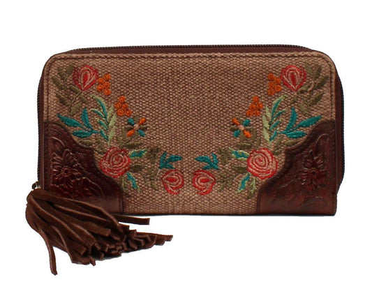 Cartera de mano para mujer estilo Western de Ariat con bordado floral y flecos en marrón