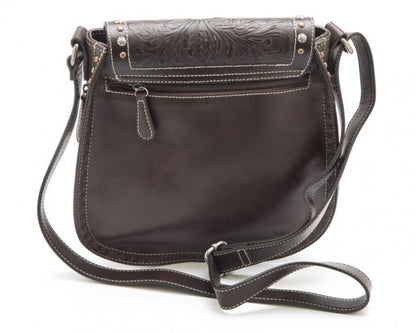 Western fashion ladies dark brown crossbody purse with tooled flap and metallic studs