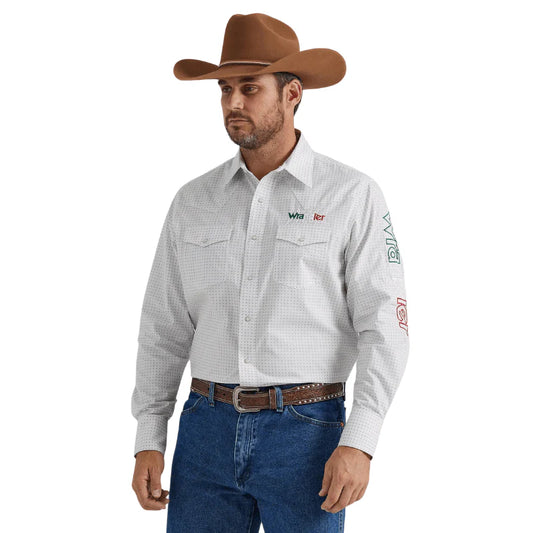 WRANGLER MEN'S LOGO MÉXICO ESTAMPADO BLANCO MANGA LARGA WESTER SNAP